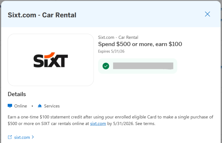 Amex Offer details for Sixt