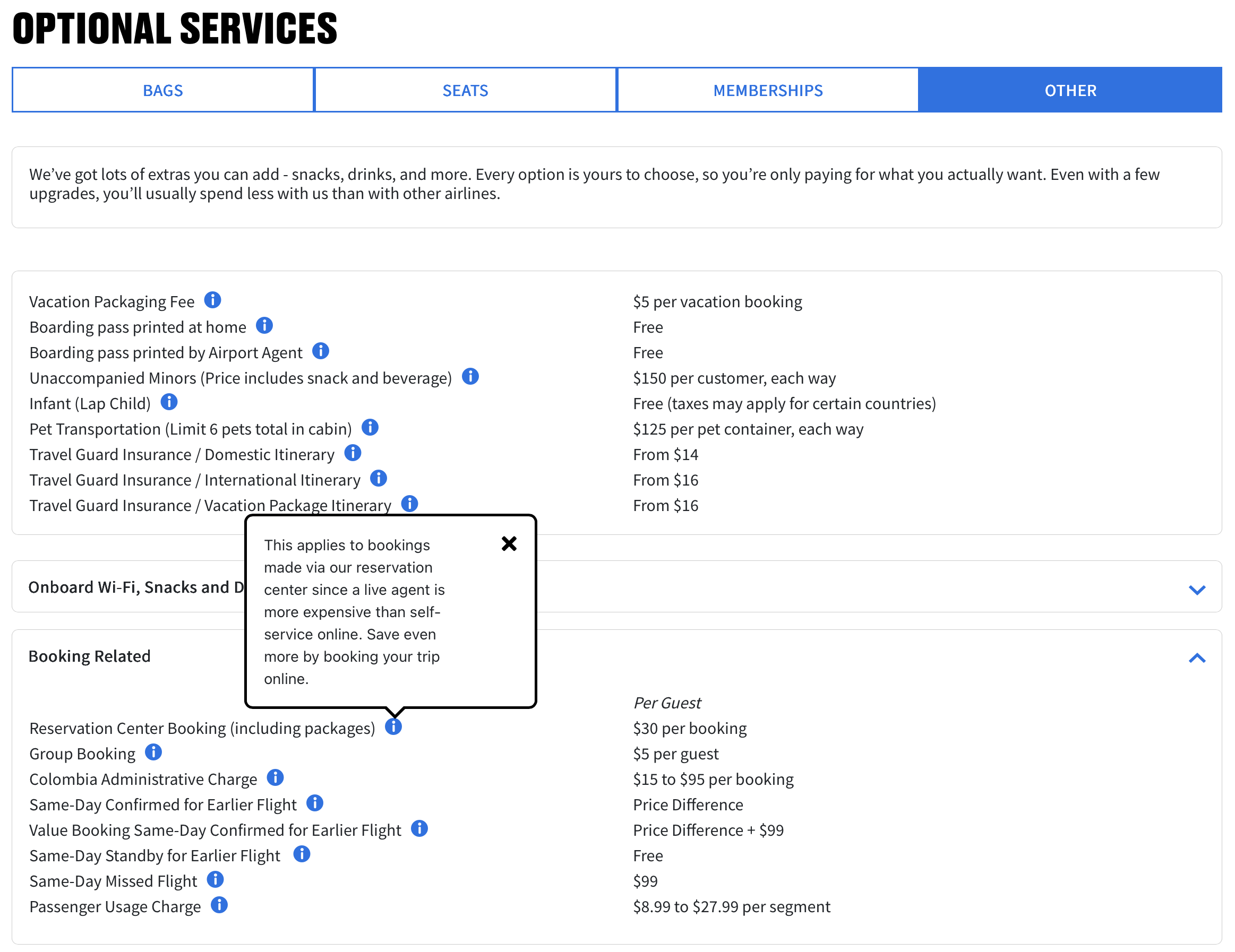 Spirit Airlines optional services fees