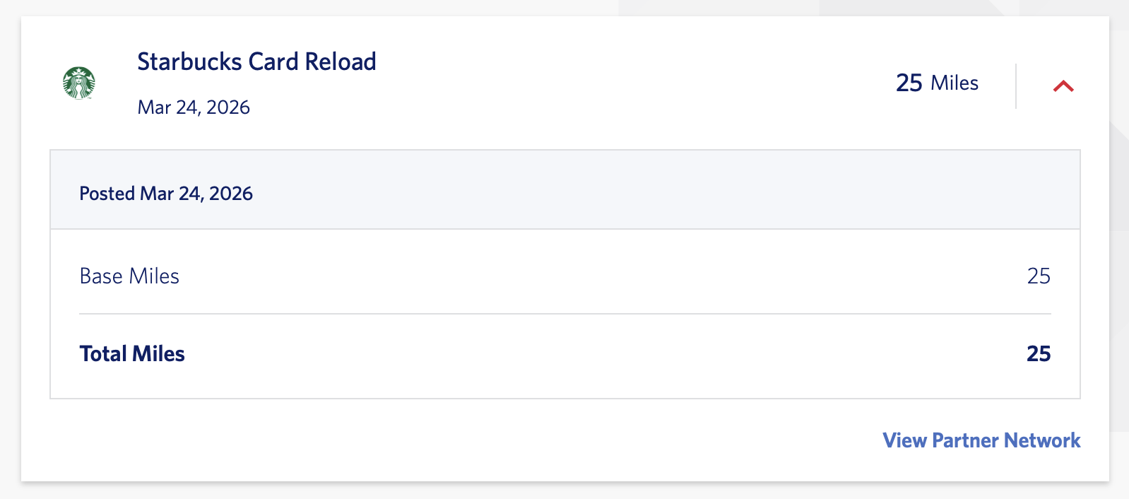 Screenshot of Delta SkyMiles account activity for Starbucks reload