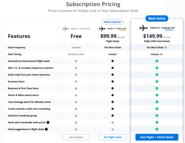 Screenshot of Thrifty Traveler tiers and pricing as of early March 2026