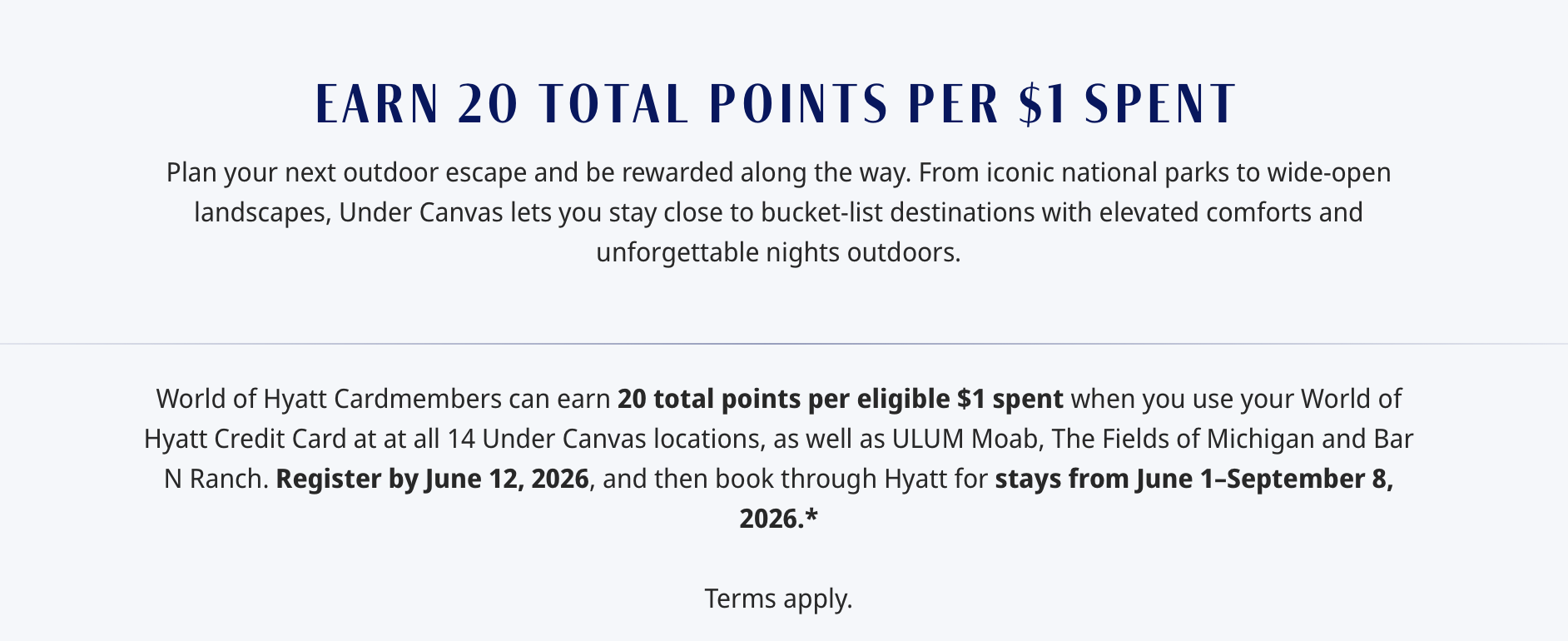 Screenshot of World of Hyatt Under Canvas promo terms.