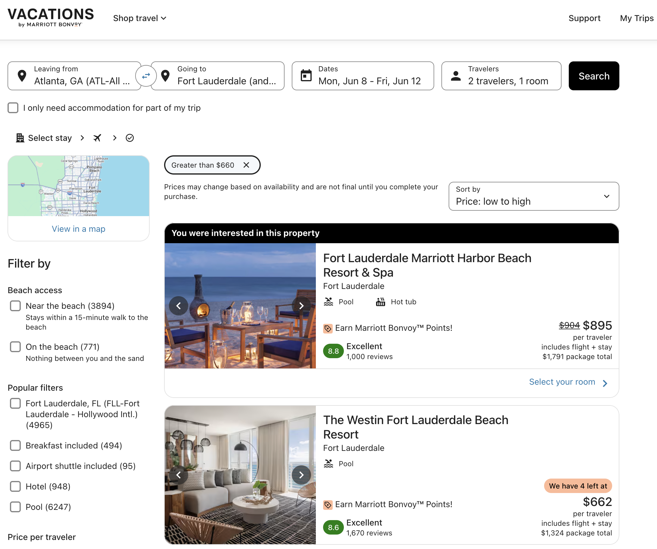 Screenshot of Vacations by Marriott rates for Florida stays.