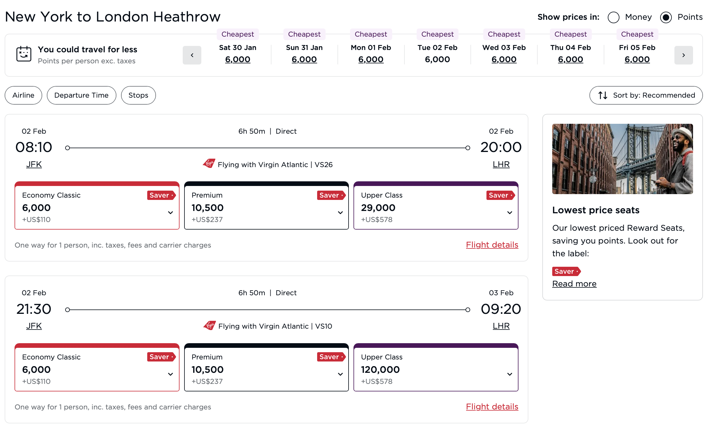 Virgin Atlantic flight from JFK to LHR bookable with points.