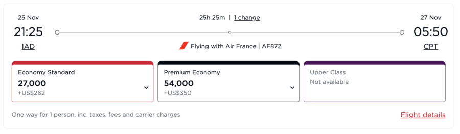 Virgin Atlantic award itinerary from Washington DC to Cape Town