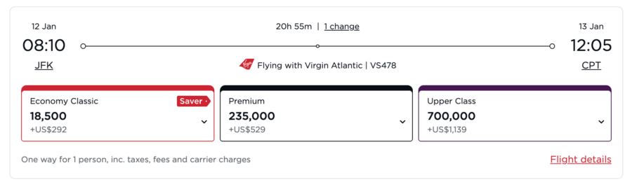 Virgin Atlantic itinerary from New York to Cape Town