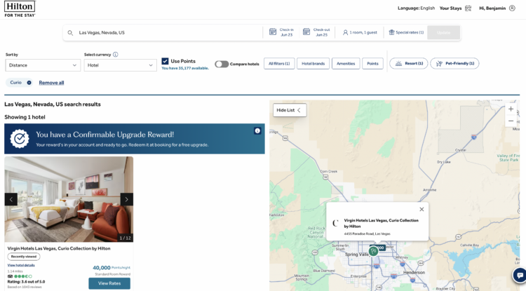 Hilton website showing a Virgin Hotel booking with points