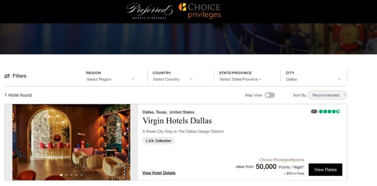 Choice Hotels search results showing an iPrefer booking of a Virgin Hotel