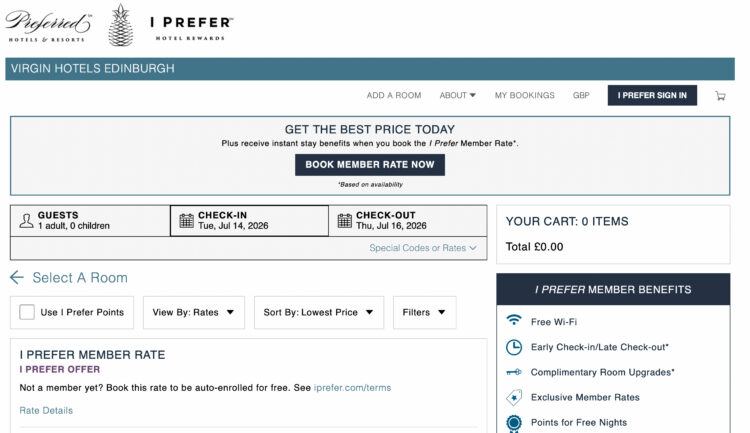 Screenshot of Preferred Hotels booking for a Virgin Hotel reservation