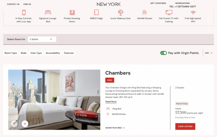 Virgin Red website showing a Virgin Hotel booking with points