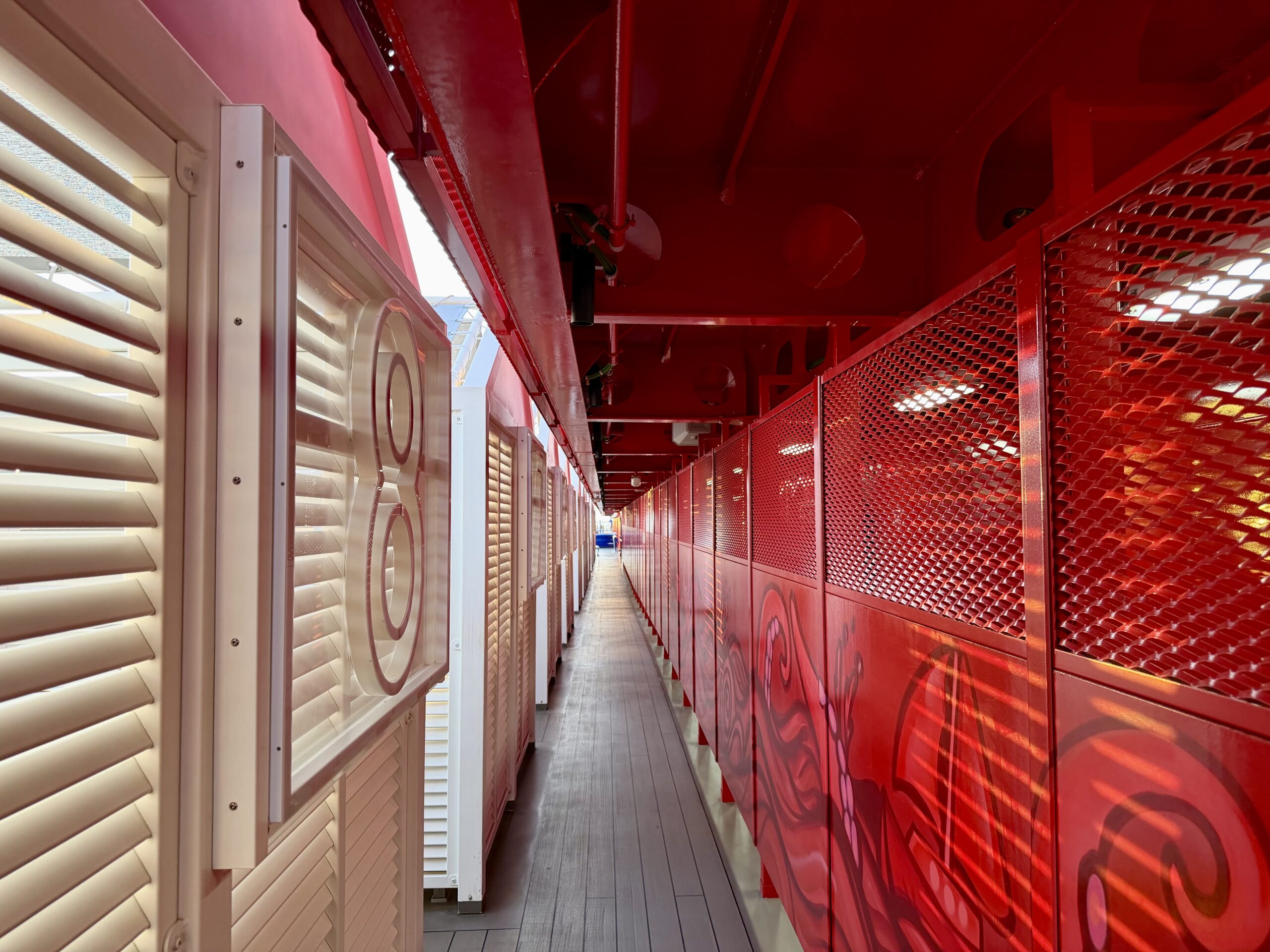 Virgin Voyages walkway to the back of the Brilliant Lady