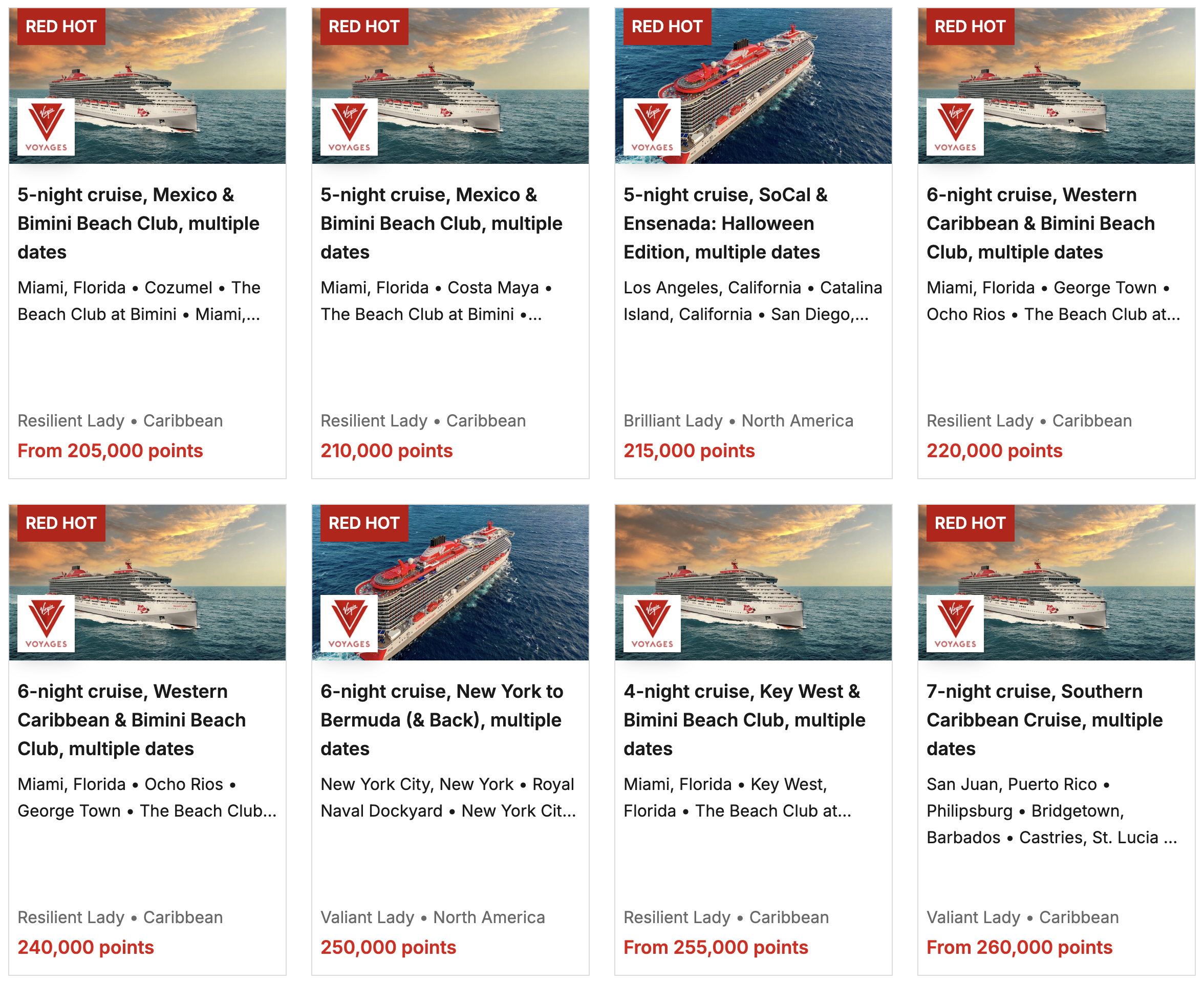 Screenshot of Virgin Red / current voyages bookable with points