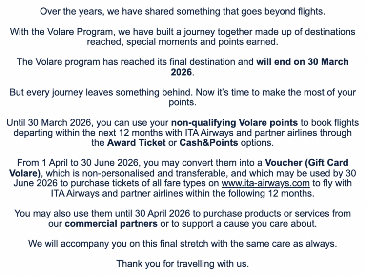 Screenshot of email from ITA Airways loyalty program Volare announcing end of the program