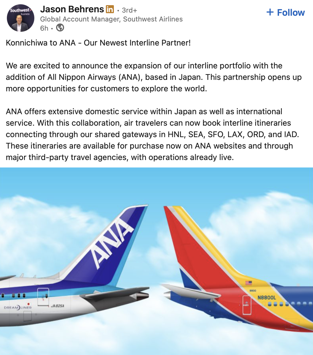 LinkedIn post about Southwest-ANA partnership.