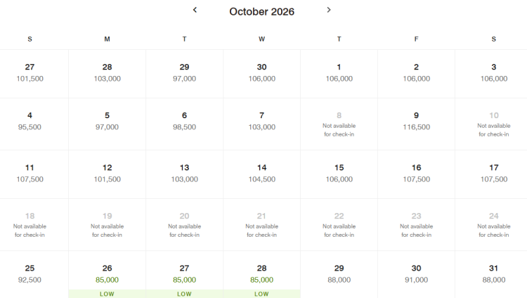 The Wailea Beach Resorts calendar of bookable dates.