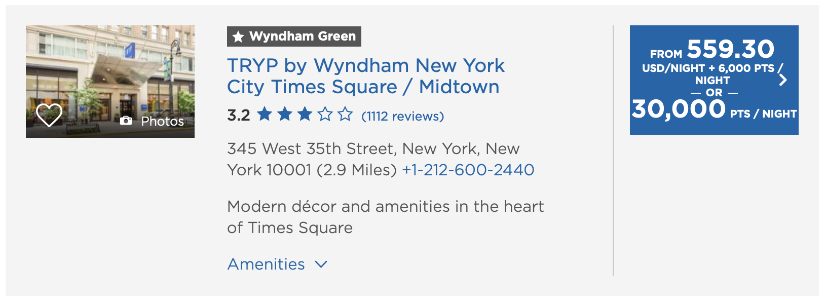 TRYP by Wyndham New York City Times Square / Midtown points cost.