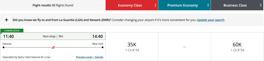 Aeroplan award pricing example from Geneva to New York