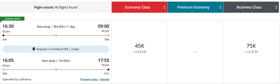 Aeroplan award pricing example from Houston to Rome with 3-day Frankfurt stopover