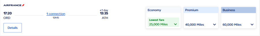 Air France Flying Blue award pricing example from Chicago to Athens