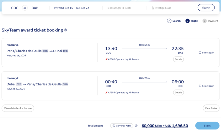 SKYPASS award on Air France from CDG to DXB