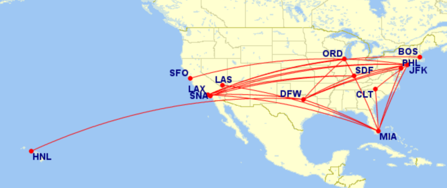 Map of domestic routes where American Airlines is flying lie-flat seats in May 2026
