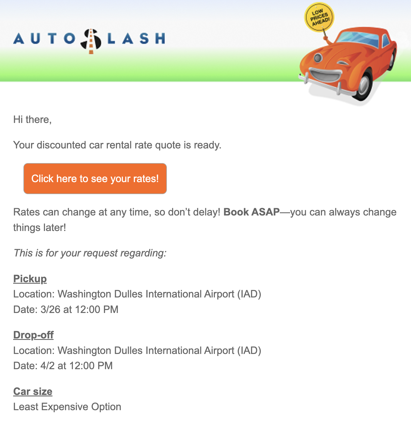 Autoslash rate quote email