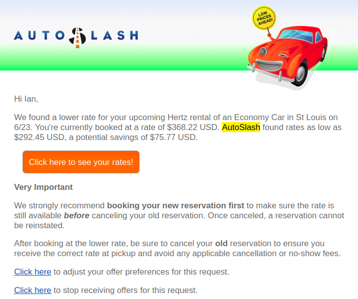 Example price drop email from AutoSlash