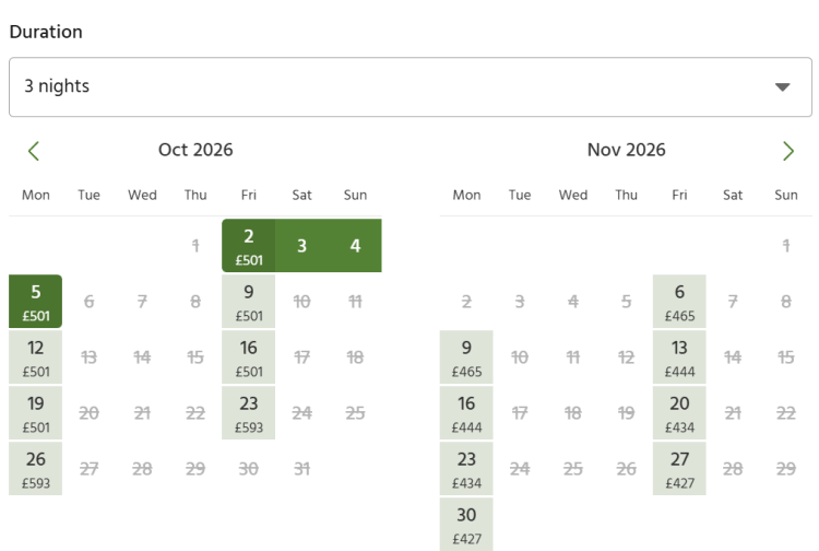 A screen shot from Cottages.com showing booking options.