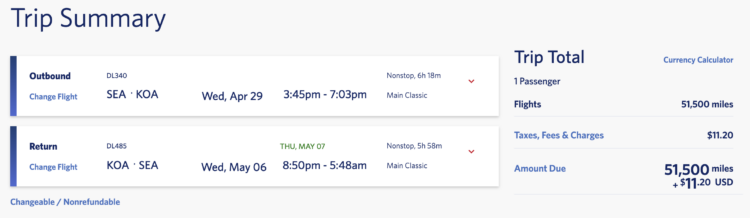 Delta award from Seattle to Kona. 