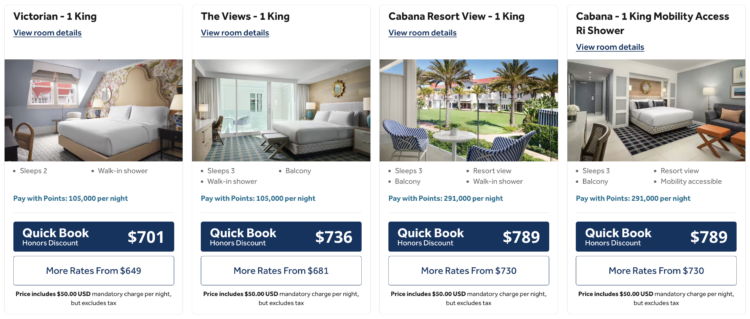 Hilton room options with their respective prices