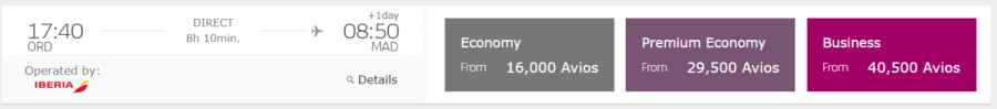Iberia Avios award pricing example from Chicago to Madrid