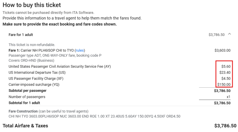ITA Matrix fare breakdown for ANA flight.