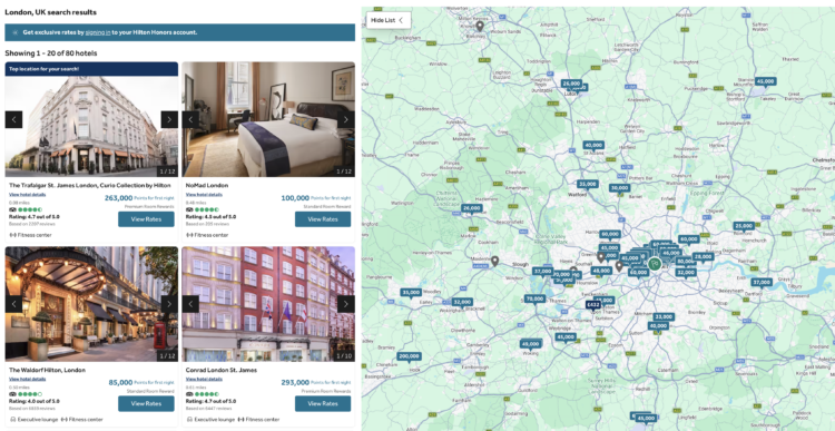 The Hilton properties in London plotted on a map