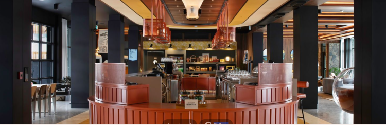 The lobby at the Moxy Banff.