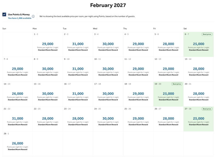 Calendar view of award pricing for February 2027