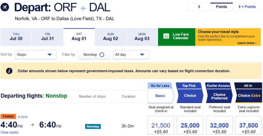 Norfolk to Dallas direct with Southwest