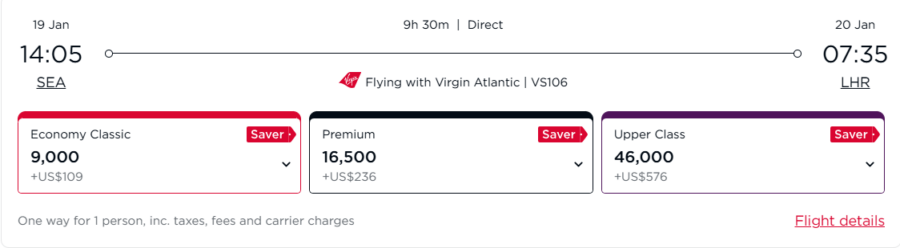Virgin Flying Club award pricing example from Seattle to London on Virgin Atlantic