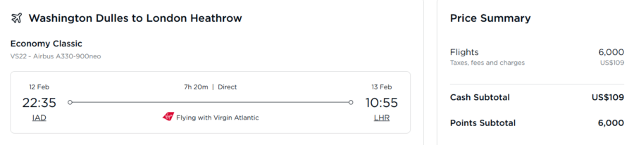 Virgin Flying Club award pricing example from Washington to London