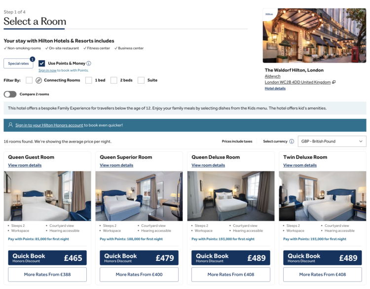 Search results for a Hilton property including the room types and rates.