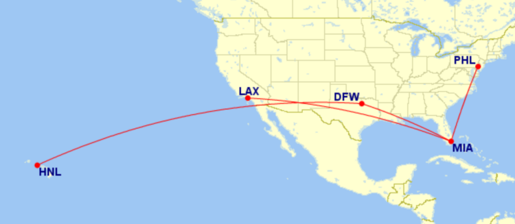 Map of domestic routes where American Airlines is flying lie-flat seats on its Boeing 787-8 aircraft in June 2026