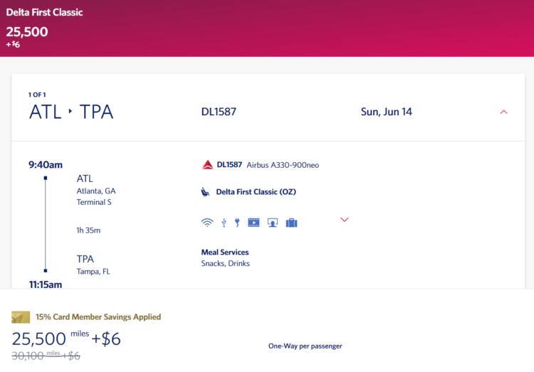 Screenshot showing Delta first class award pricing from Atlanta to Tampa