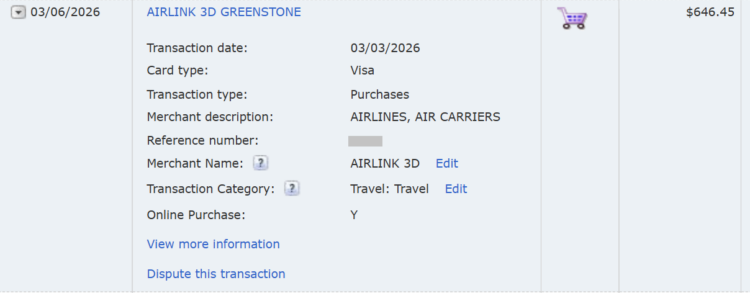 Bank of America card activity showing Airlink purchase
