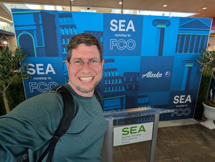Selfie of JT Genter at Alaska Airlines SEA-FCO inaugural