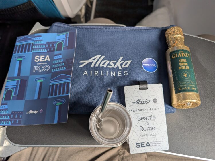 Alaska Airlines Seattle to Rome inaugural flight goodie bag