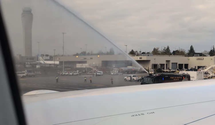 Alaska Airlines Seattle to Rome water cannon salute
