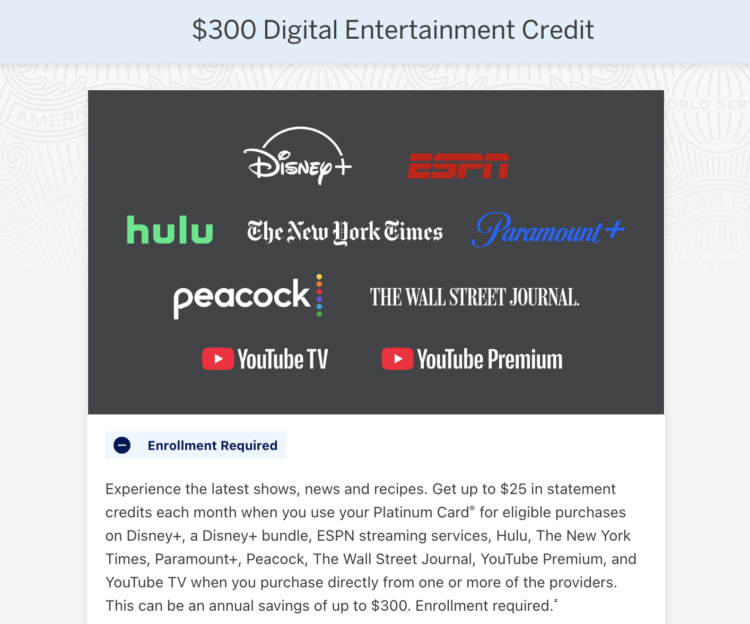 Screenshot of American Express Digital Entertainment Credit benefit
