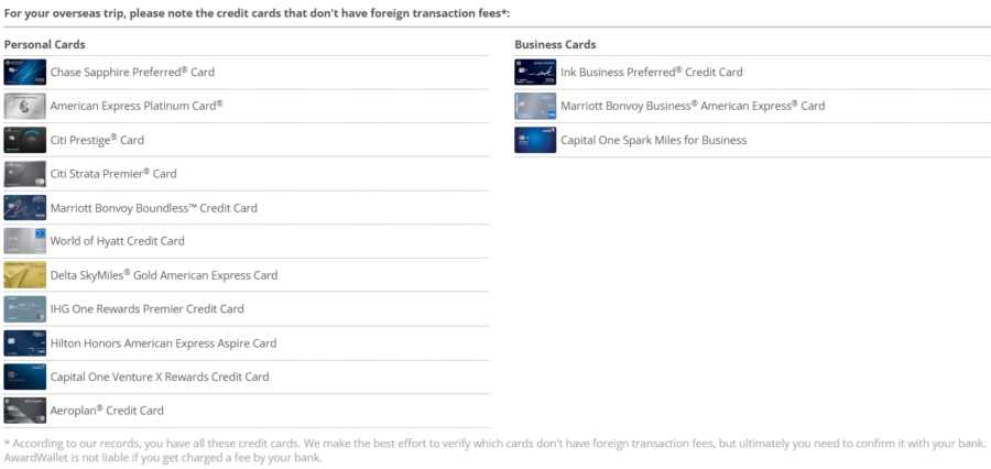 Screenshot of AwardWallet interface showing which credit cards have no foreign transaction fees