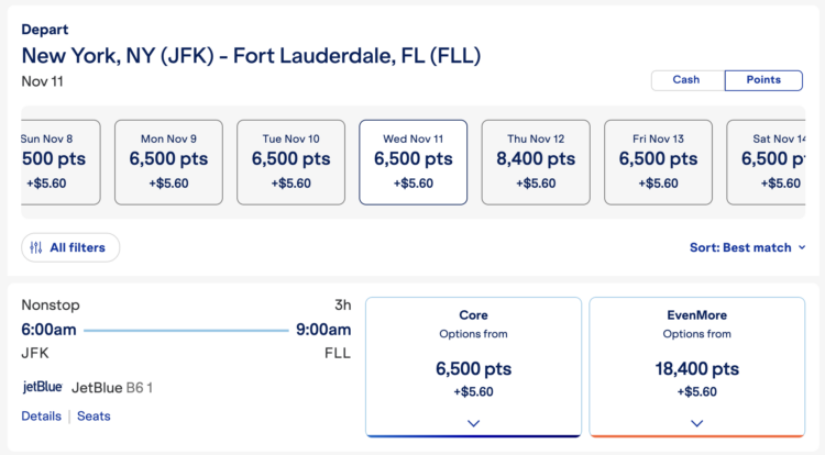 Screenshot of JetBlue JFK to FLL fares