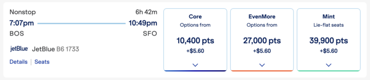 Screenshot of JetBlue BOS to SFO award rates