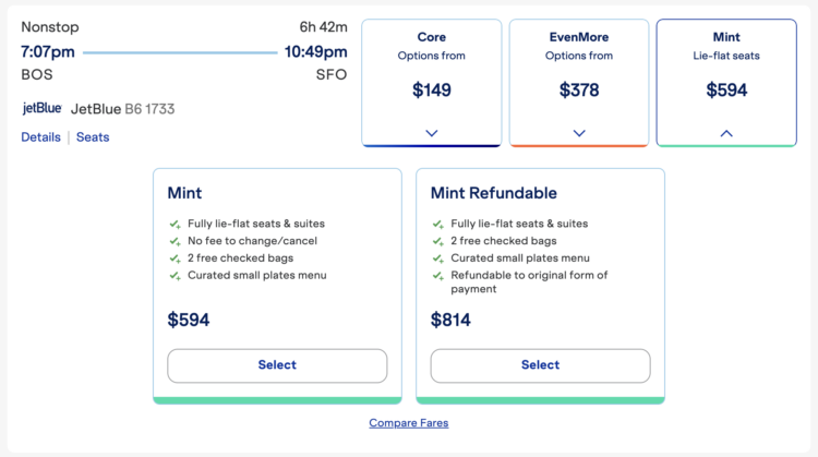 Screenshot of JetBlue BOS to SFO Mint fares