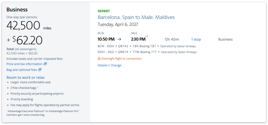 American Airlines AAdvantage award search results showing Qatar Qsuite from Barcelona to Maldives